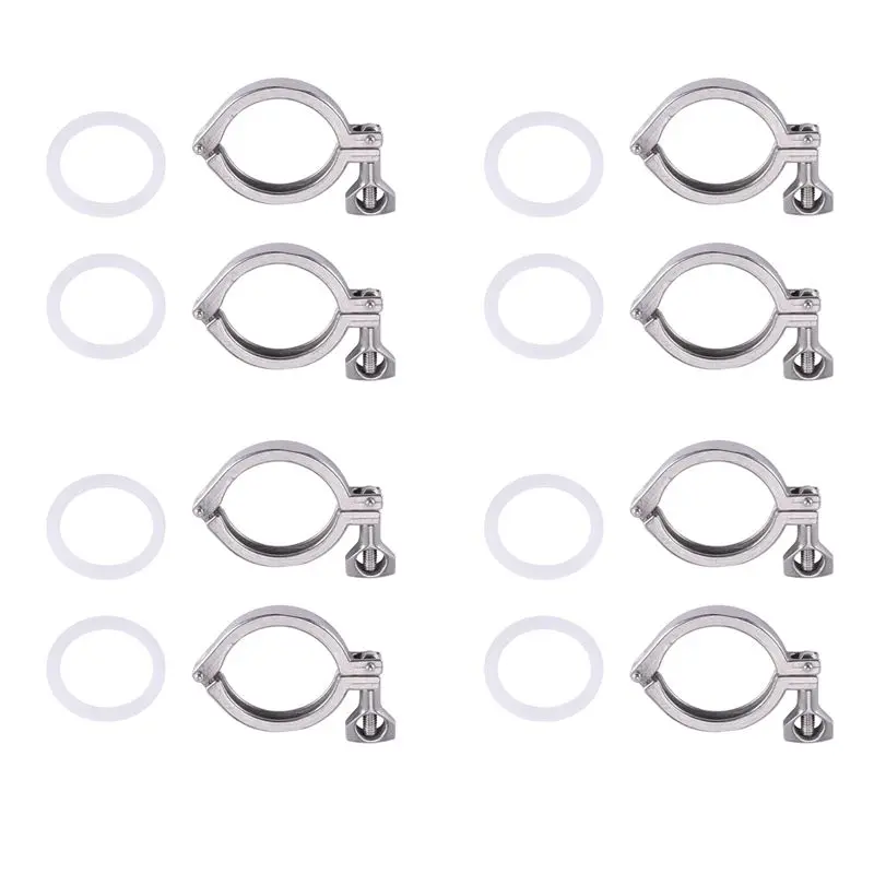 8Pcs Tri-Clamp Steel Single Pin Heavy Duty Tri Clamp With Wing Nut For Ferrule TC With Silicone Gasket 2 Inch