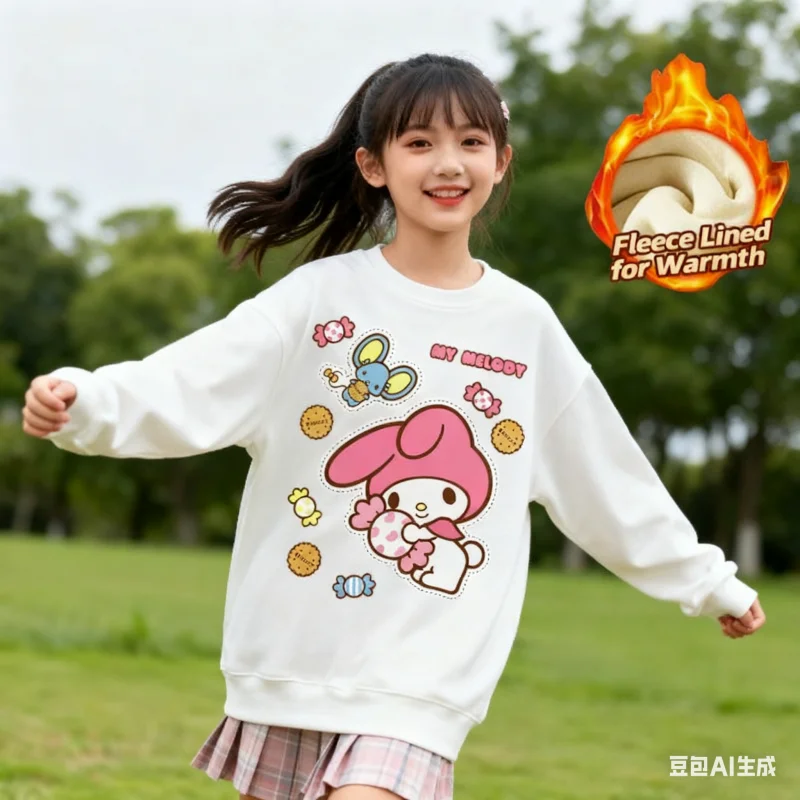 

2025 Sanrio Series Printed Crew Neck Long-Sleeve Top, Cute and Warm Fleece-Lined Crew Neck Long-Sleeve T-Shirt, 100% Cotton