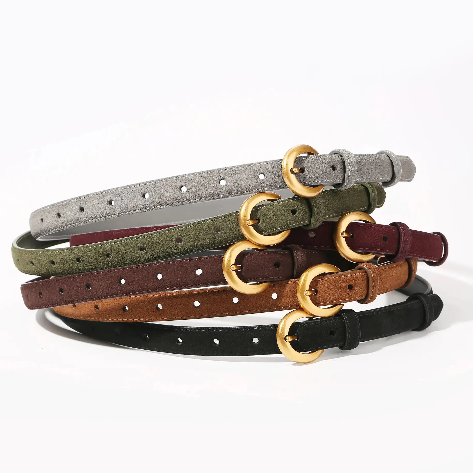 New Women Belt Fashion Thin Leather Belt Vintage Skinny Waistband Trendy Gold Metal Buckle Suede Belts for Dresses Jeans