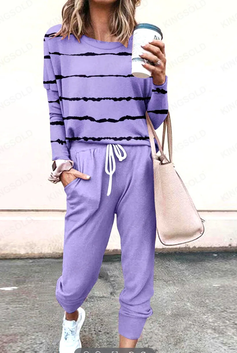Women Striped Print Loungewear Set Crew Neck Long Sleeve Top And Drawstring Jogger Pants Two Piece Outfit