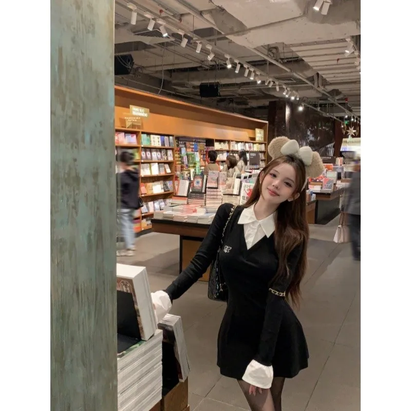 

Autumn Winter Women's Sweet Spicy Rose Fake Two-Piece Dr American Preppy Sle Long Sve Ne Pure Desire ort Skirt