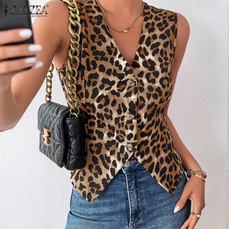 

ZANZEA Stylish Blazer Vests Women Fashion Leopard Print Sleeveless Button Up Suit Jackets Fitted Waist Lined Woman Clothes S-3XL