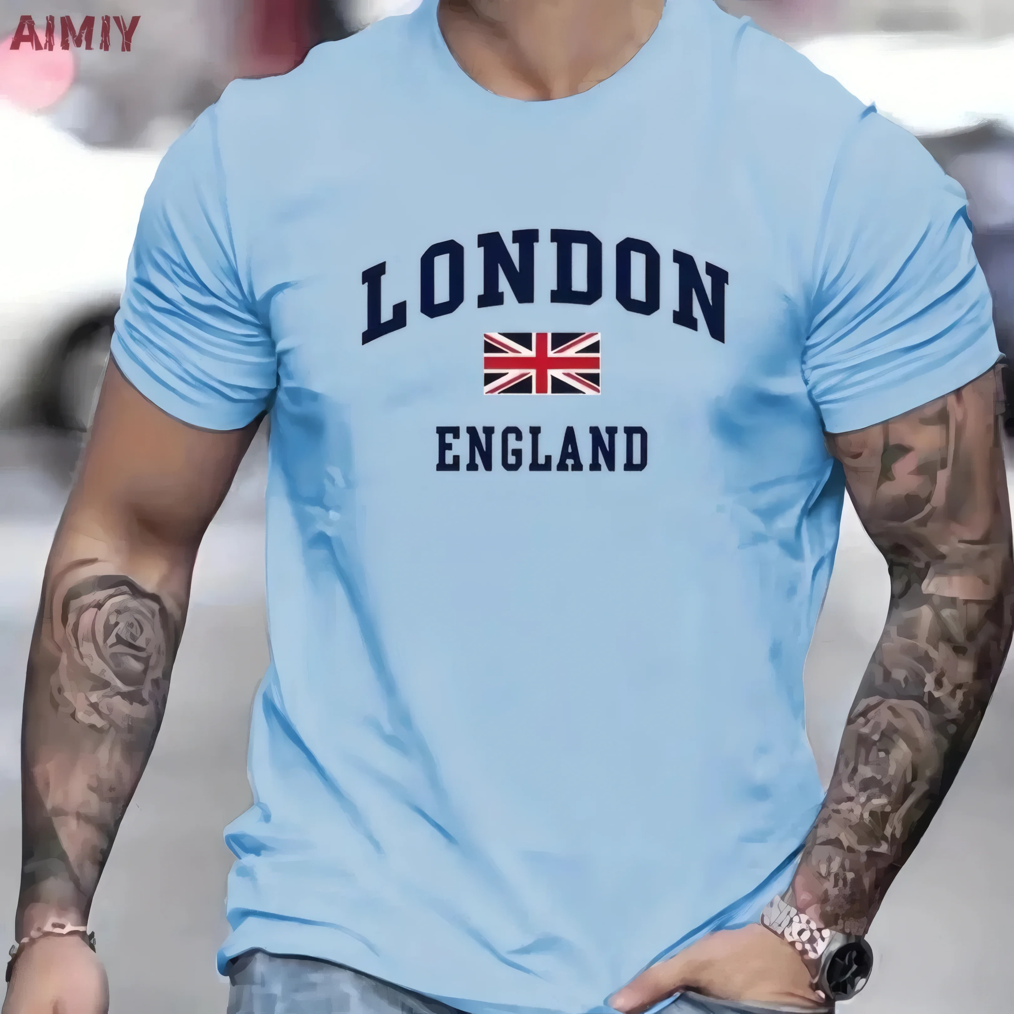 

Summer men's casual loose-fitting London English pattern printed round-neck short-sleeved T-shirt top