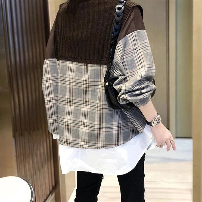 Women Korean Fashion Plaid Patchwork Oversized Asymmetrical Blouses Y2K Female Casual Streetwear Long Sleeve Fake Two Piece Tops