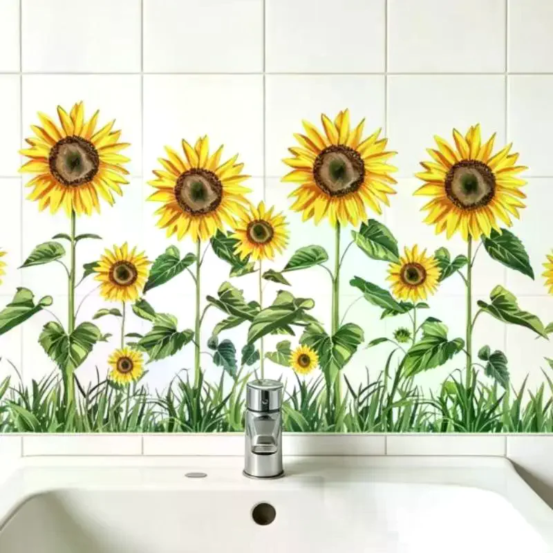 Fresh Floral Pattern Sink Area Background Wall Sticker Bathroom Wall Decoration Self-Adhesive Removable Waterproof Sticker