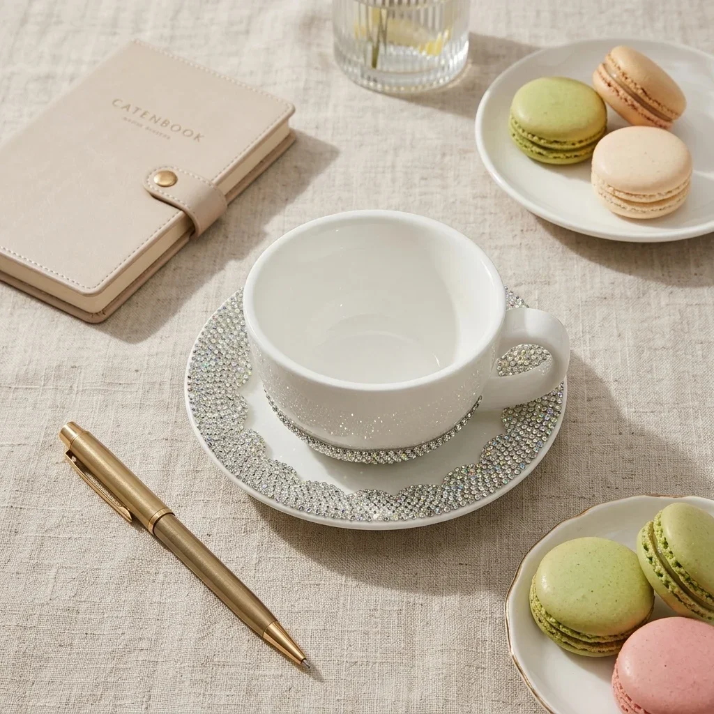 Luxury Sparkling Rhinestone Ceramic Coffee Cup Set with Saucer Afternoon Tea Dessert Plate Milk Cup Tableware Water Bottle Gift