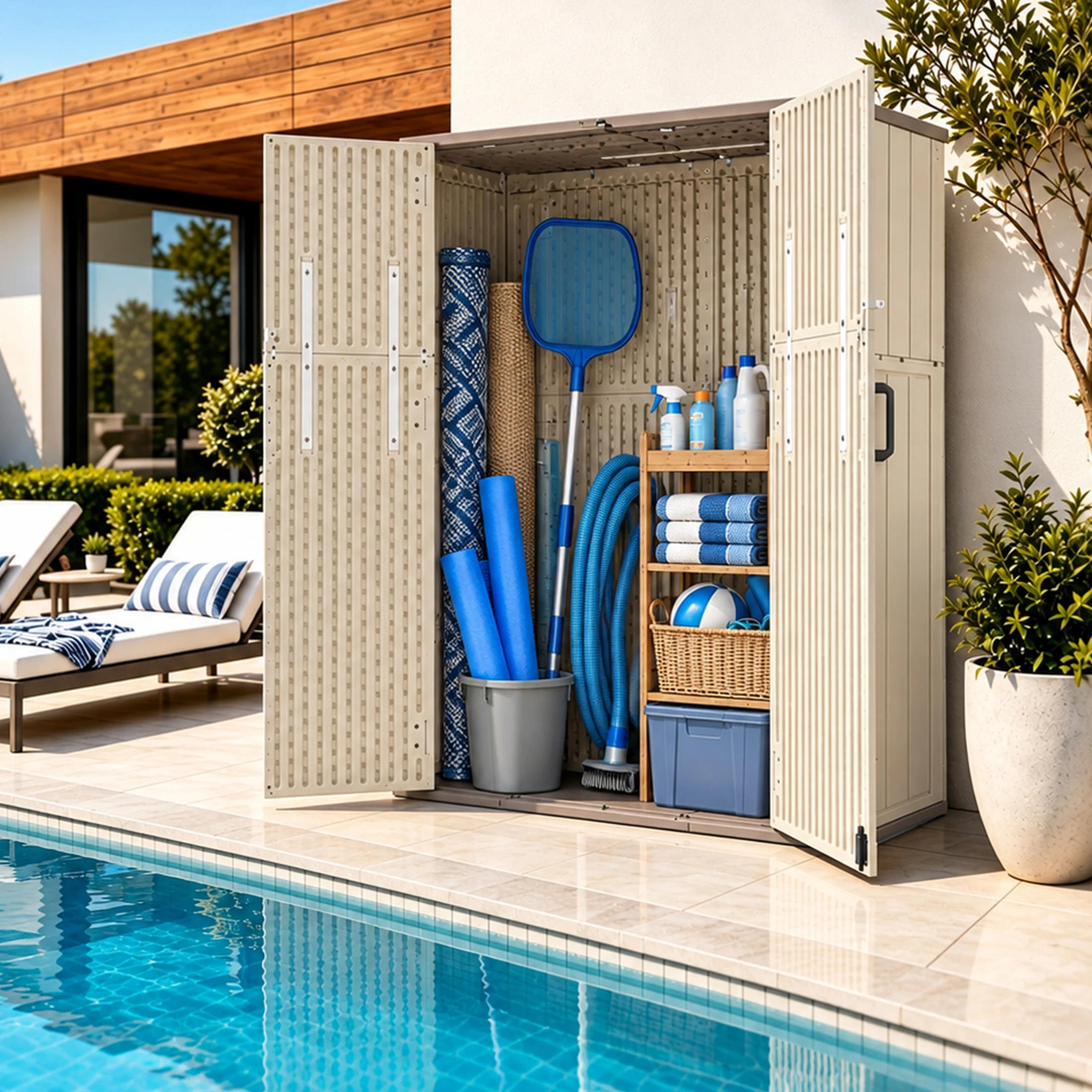 Resin Outdoor Storage Cabinet Double Tier No Shelves Large Open Interior Waterproof Lockable All Weather Patio Garden Pool Tool Storage Shed