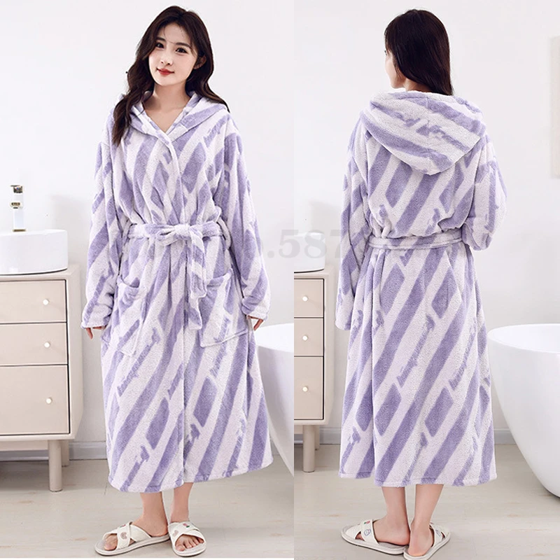 

Female Hooded Kimono Bathrobe Gown Winter Thicken Flannel Long Robe Sleepwear Loose Coral Fleece Home Dressing Gown Loungewear