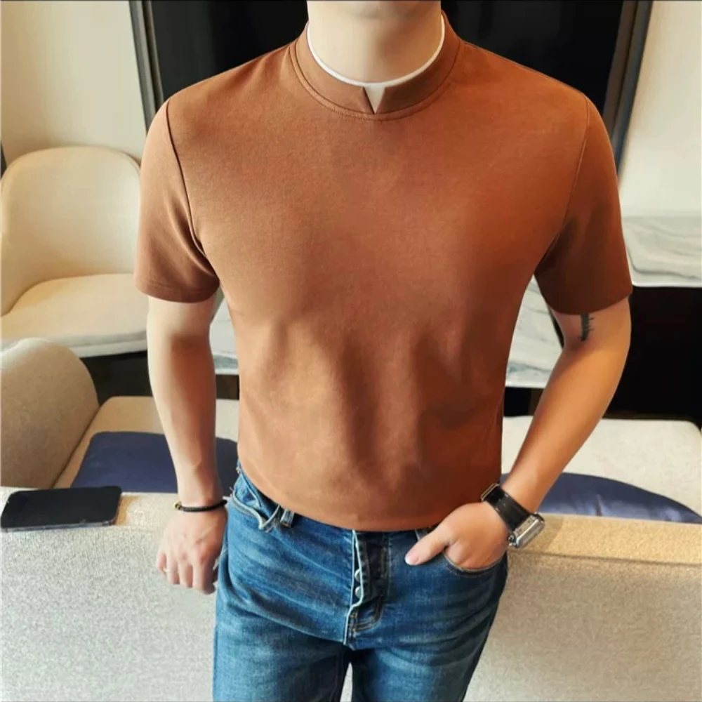 Korean Fashion Short Sleeved T-shirt for Men Summer Round Neck Slim Fit Casual T-shirt Business Social Solid Color Base Shirt