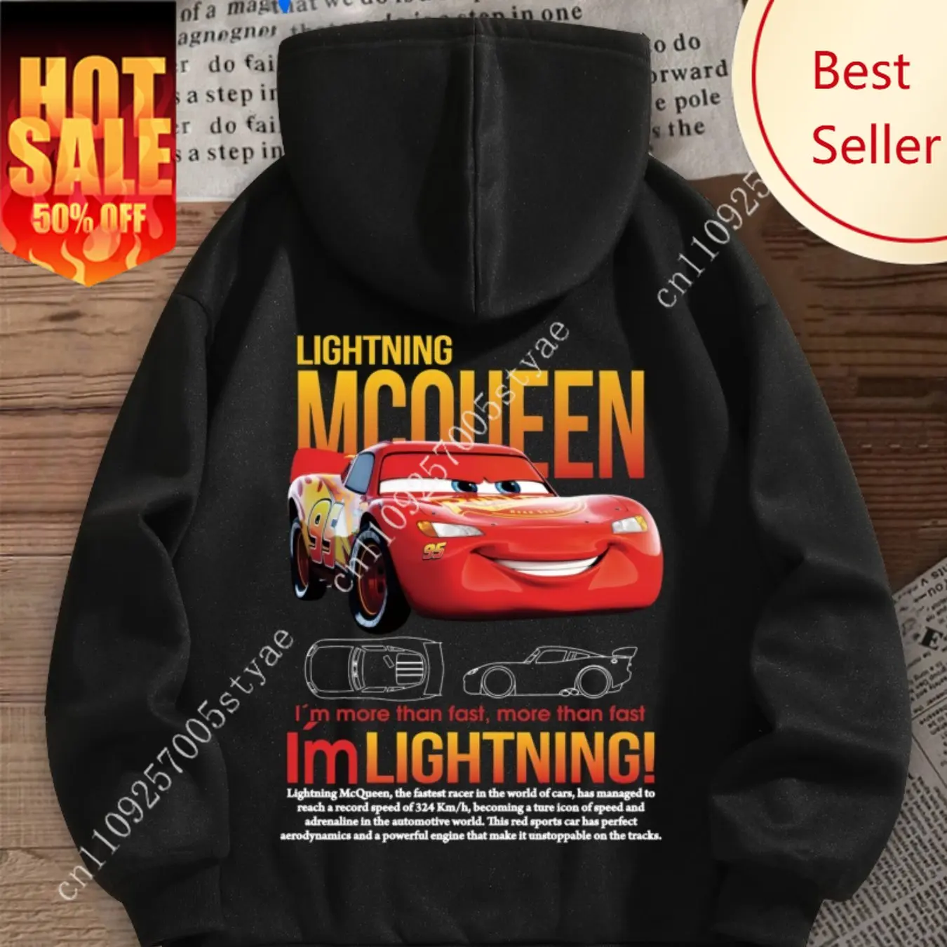 

Disney Official Women's Lightning McQueen Cars Graphic Hooded Sweatshirt Black with Lightning McQueen Casual Drawstring Hoodie