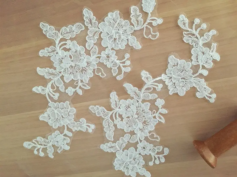 20 Pairs Cotton Thread Bridal Alencon Lace Applique for veils Ivory Wedding Embroidery bridal patch