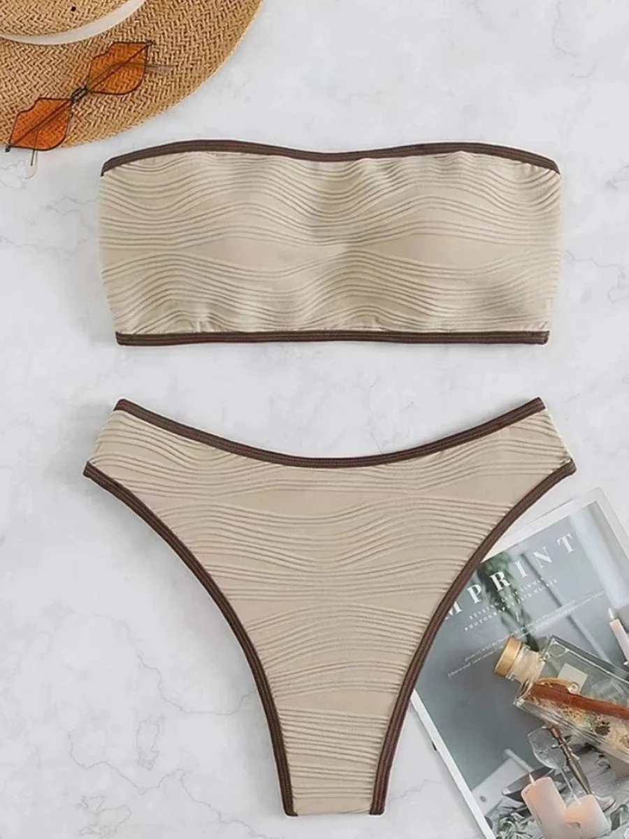 

2023 Women Sexy Thong Swimsuit Push Up Swimwear Contrast Binding Bandeau Bikinis Female Bathing Suit Swimming Summer Beachwear