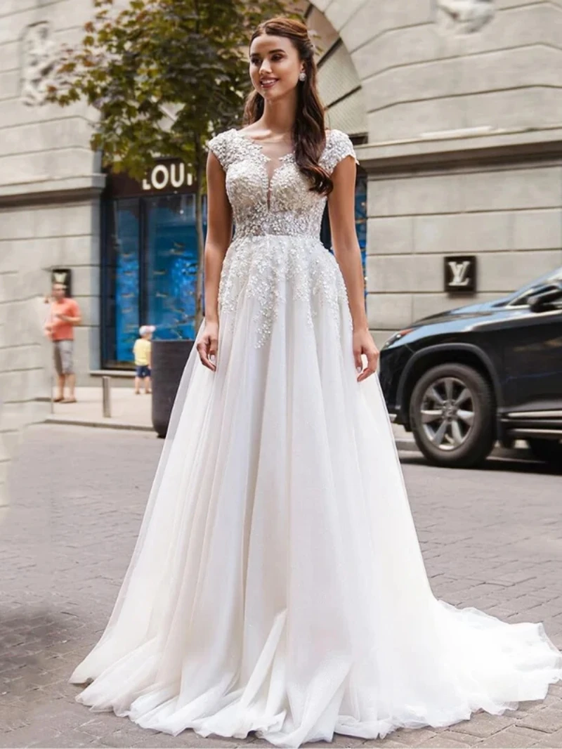 Vestidos de casamento em linha A para mulheres, mangas curtas, vestidos nupciais com o pescoço, apliques de renda, vestido sem costas, 2024