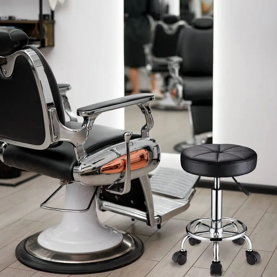 Tabouret Roulant Rond avec Roues, Réglable en Hauteur, Pivotant, pour Spa, Salon, Massage, Noir