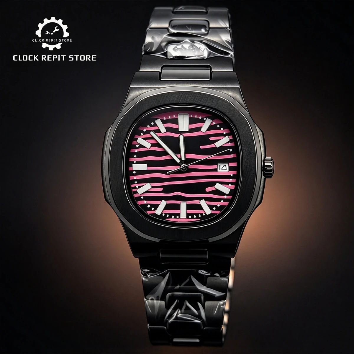 42mm Classic Black Men's watch, Stripe Textured Dial Sapphire Crystal Solid Caseback DIY Mod, Hot Sale Fashion