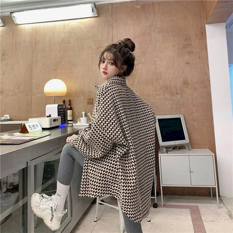 

Plaid Shirts for Women Polo-neck Vintage Oversized Long Sleeve Casual Mid Length Retro Blouse Korean Fashion Coats Women Tops