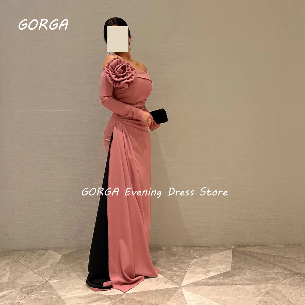 GORGA Brick red 3D Flowers Off The Shoulder Mermaid 2024 Slim Crepe Long Ocassion Gown Floor-Length Formal Evening Dress