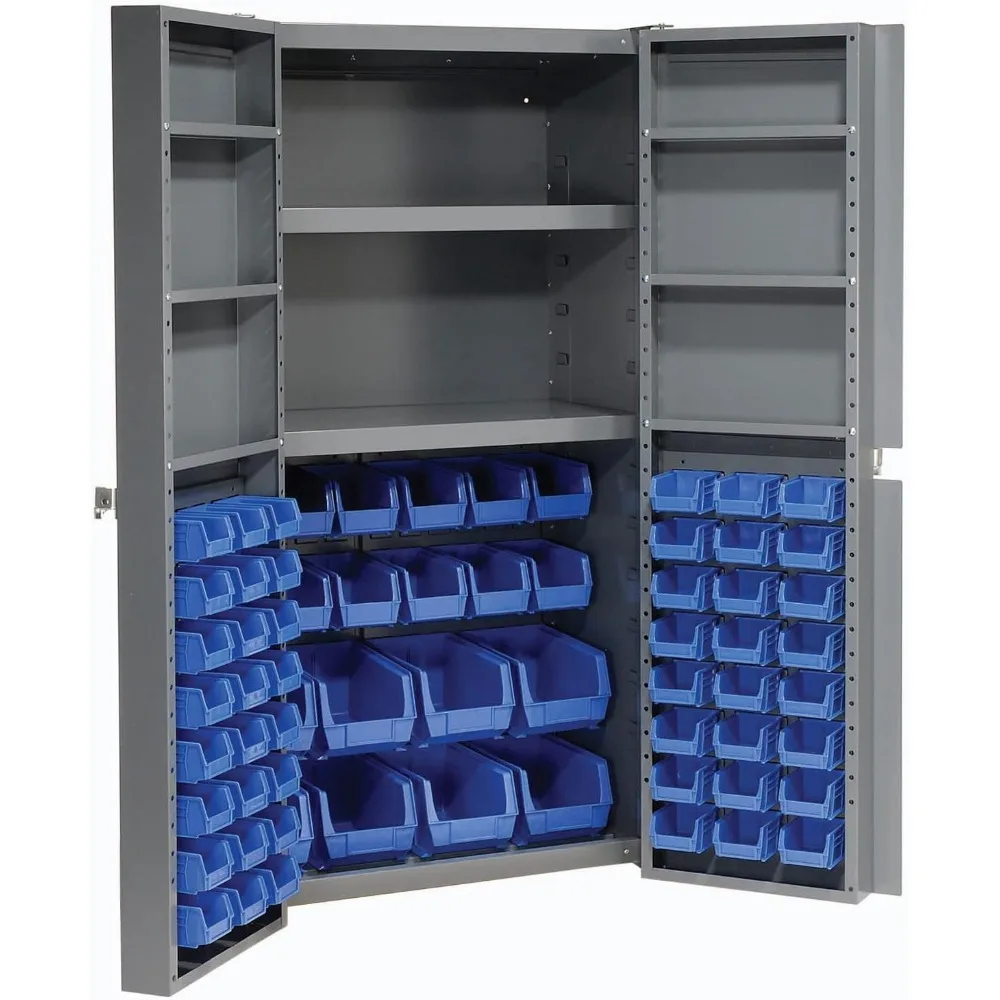 Bin Cabinet with 68 Blue Bins, 38x24x72, Unassembled