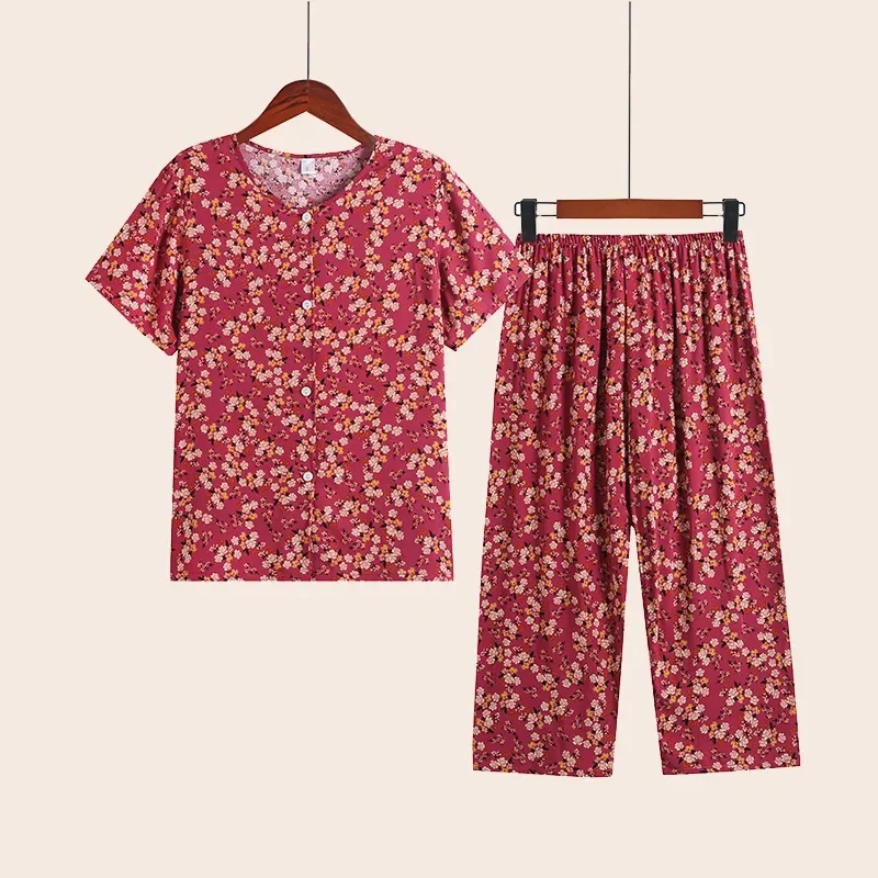 Summer Middle-aged And Elderly Mothers' Grandmother Button Home Clothing Loose Cotton Silk Short Sleeved Pants Set For External