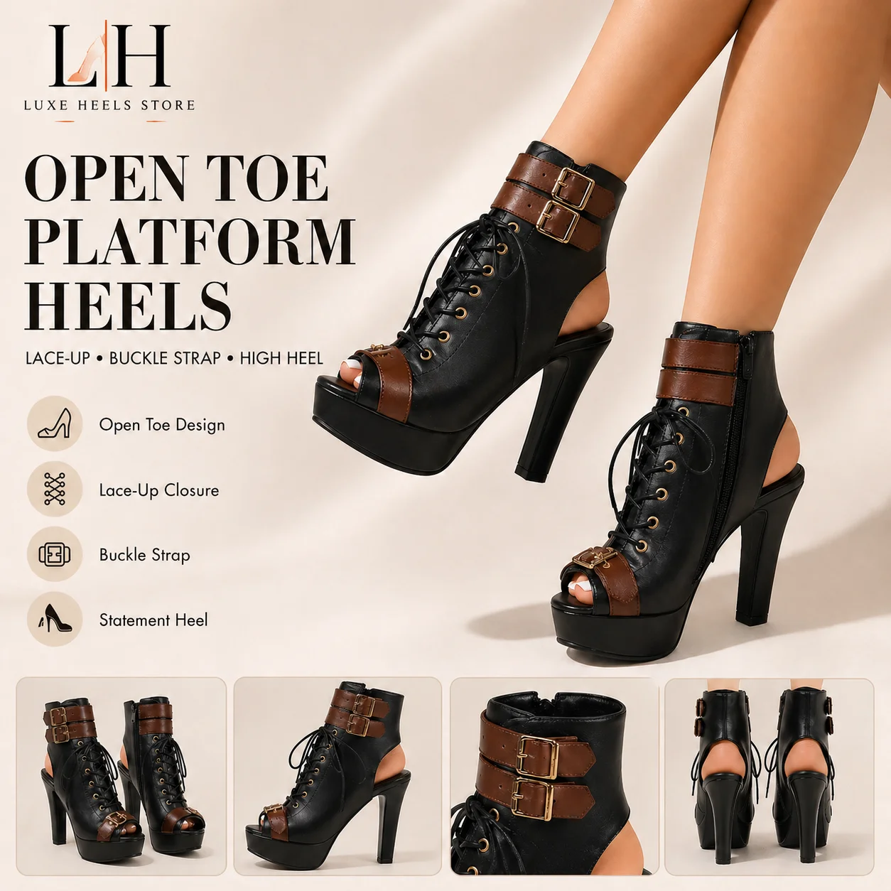 Women Platform Open Toe High Heel Ankle Boots Lace Up Buckle Strap Chunky Heel Sandals Fashion Party Club Dress Shoes For Ladies