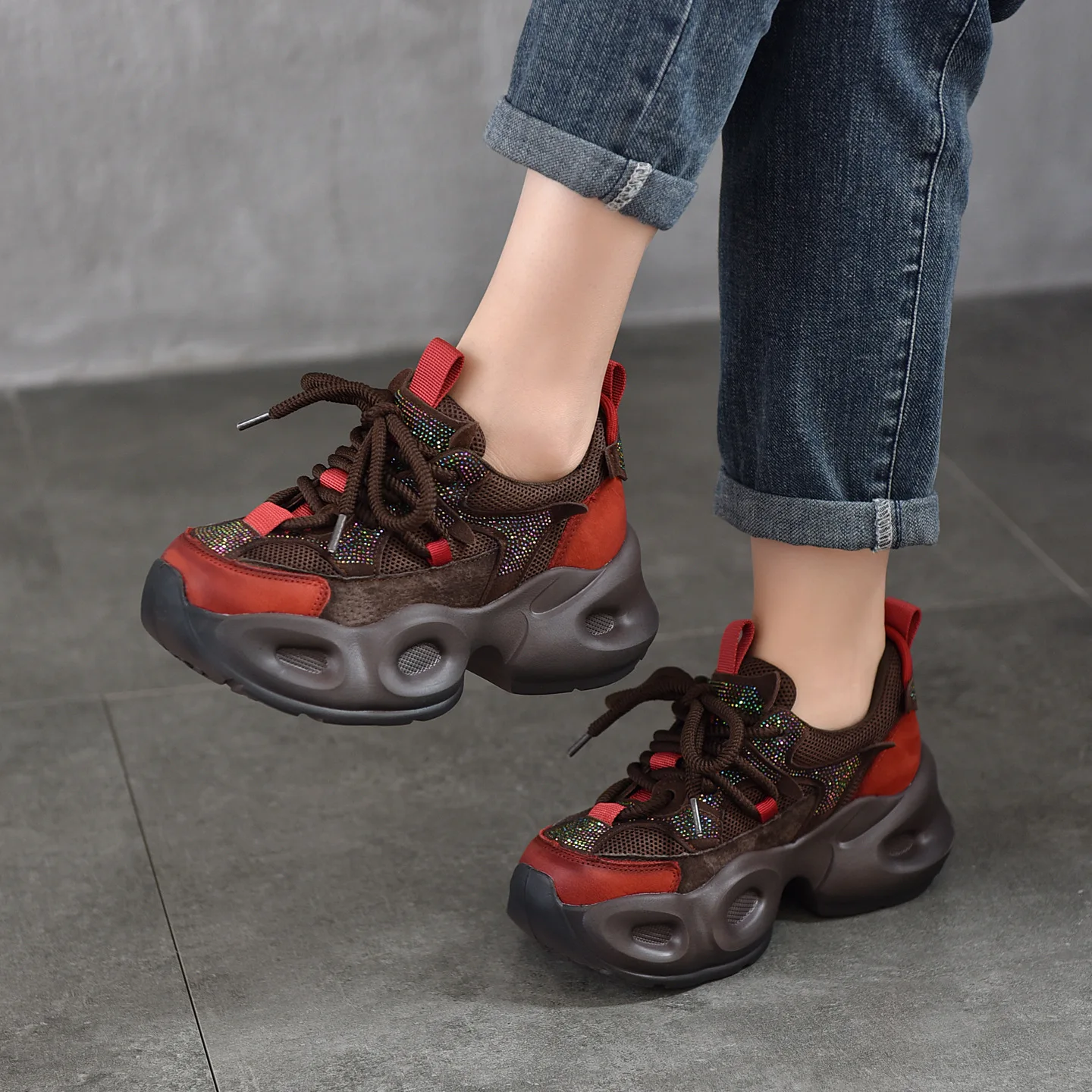 

Women's Lightweight Thick Soled Color Diamond Genuine Leather Shoes Women's Autumn New Style Women Lace Up Low Cut Casual Shoes