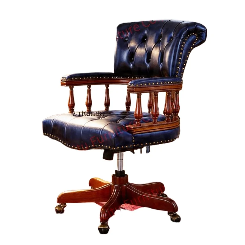 Night blue first-layer cowhide tufted cherry wood frame 360-degree rotation, height adjustable office chair