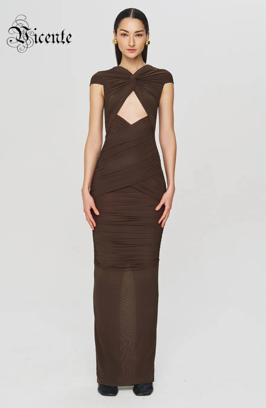 VC Sexy Fashion Brown Off-Shoulder Cut-Out Details Long Dress Galas Party Evening Gown