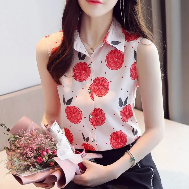 Casual Loose Women\'s Shirt Summer Sleeveless Chiffon Blouse for Women Fashion Turn Down Collar Printed Tops Lady Clothes 9456 50