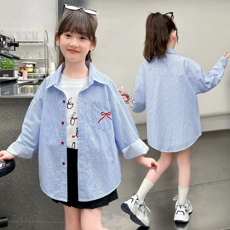 Children New Arrival Long Sleeve Blue Striped Blouse for Girls to School Clothing Kids Casual Shirt With Bow Age 4 To 14 Years
