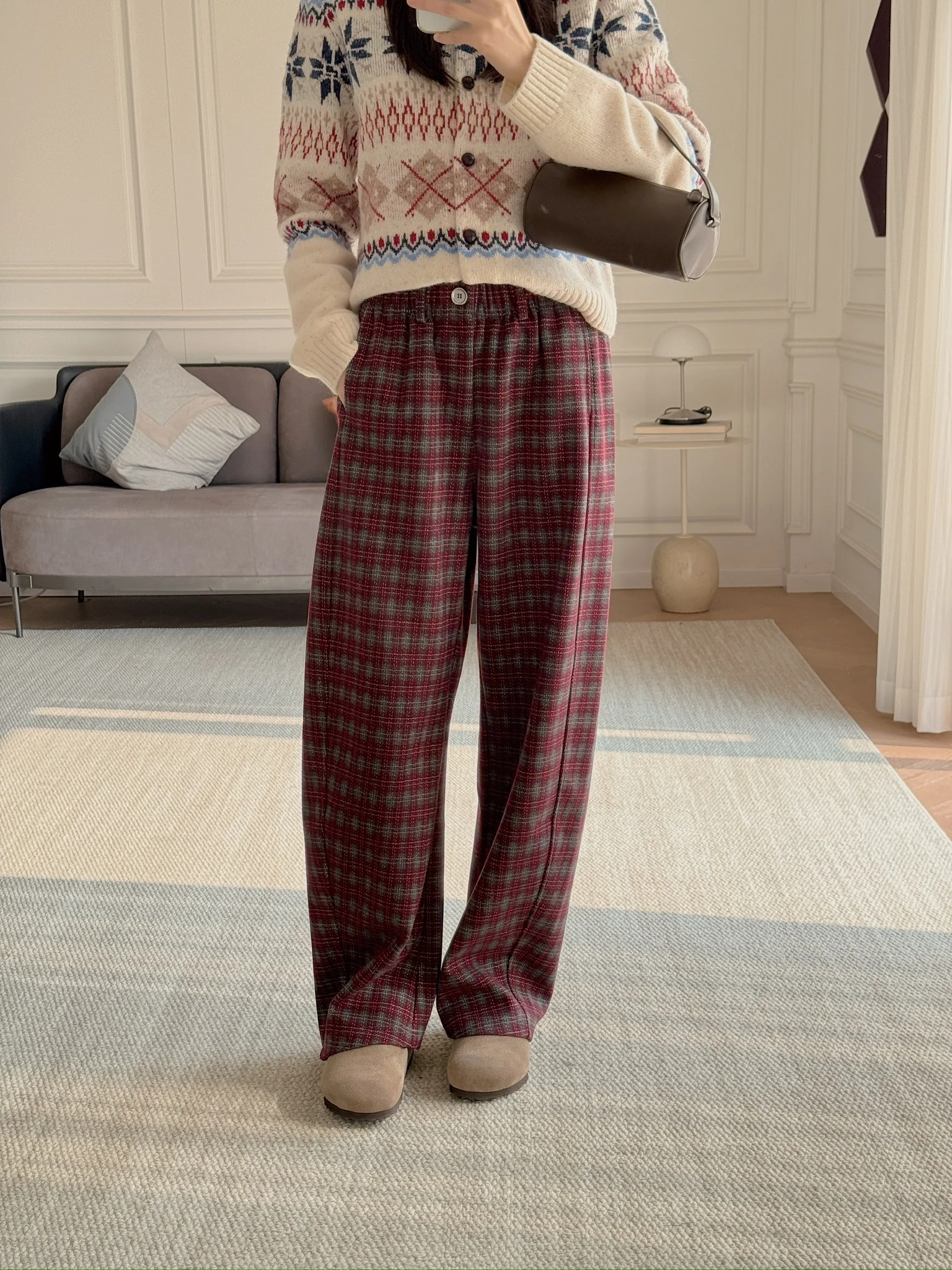 

Утепленная винтажная клетчатая одежда! Брюки CAY 3D Tailoring Lazy Wide Leg Knife Pants: повседневные, с высокой талией, эластичные, из полиэфирного волокна, теплые, Fu...