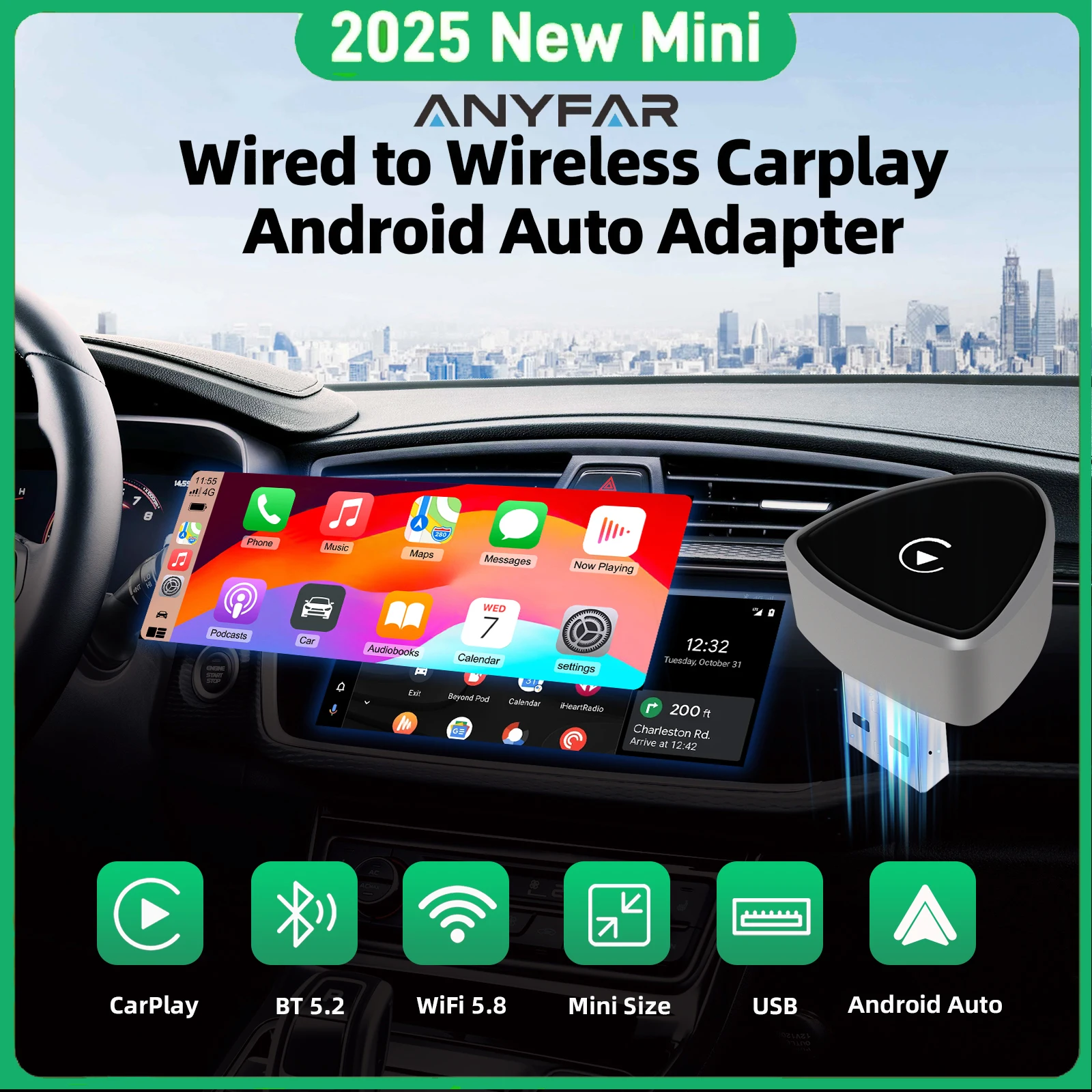 

2025 Новый мини-адаптер 2-в-1 беспроводной CarPlay Android Auto для заводских проводных автомобилей с Wi-Fi 5,8 ГГц Bluetooth 5,2 Plug and Play