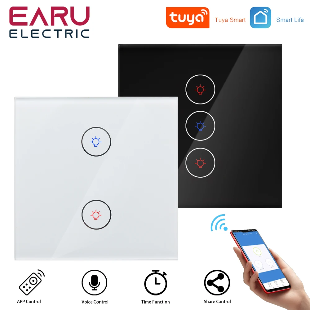 Tuya Wifi Smart Touch Light Switch Timer Wireless Remote LED Light Switches Neutral Wire Required 1-3 Gang Alexa Google Home AC