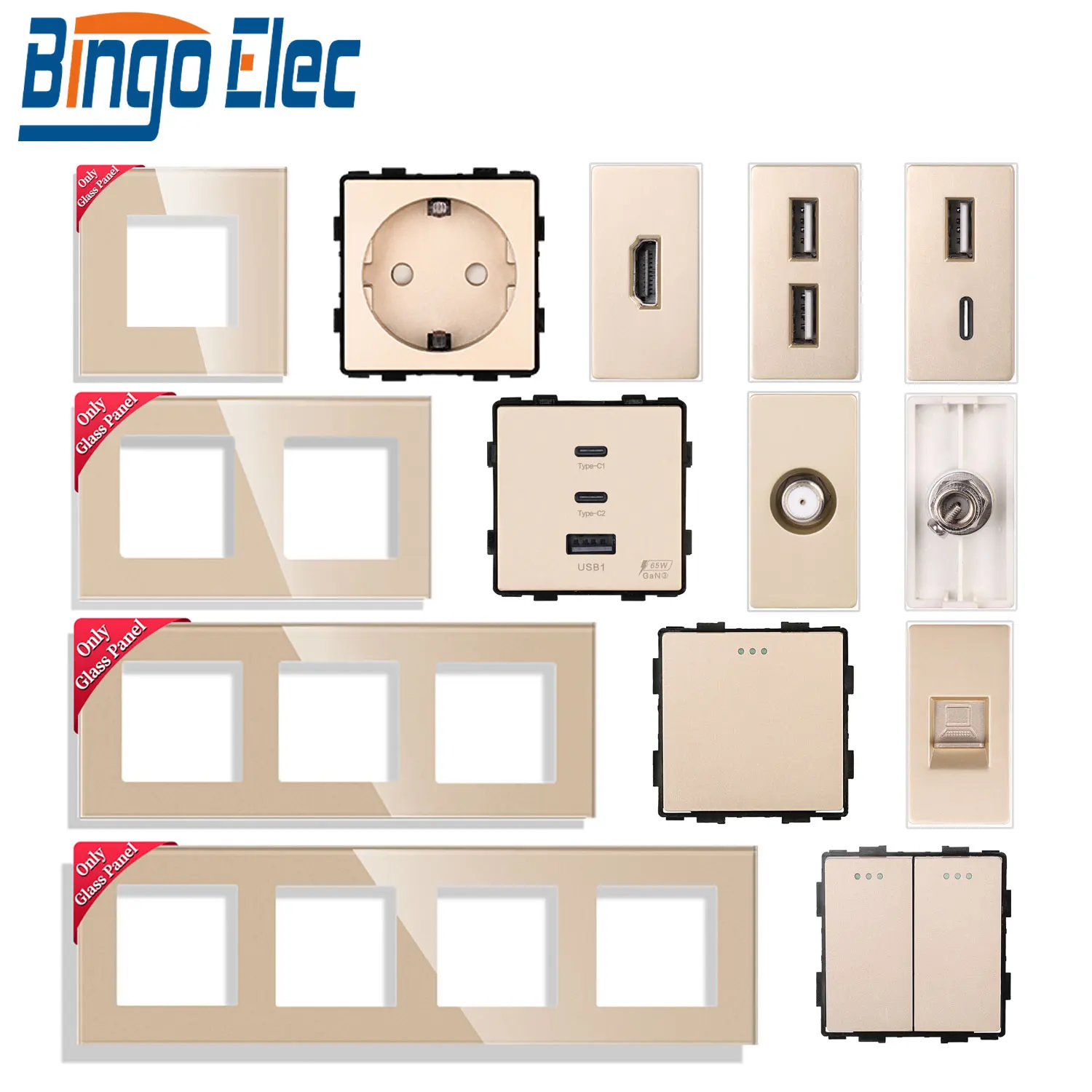 BINGOELCE 1/2/3 Gang EU Socket with Glass Frame Type-C/USB/ST/CAT5/HDMI Ports Mechanical Button Wall Switch Multi-Function Panel