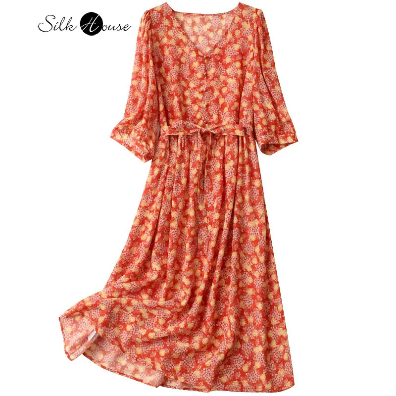 2023 New Style V-Neck Silk Dress High Waist Pullover Medium Length A-line Silk Fragmented Flower Women's Casual Dress