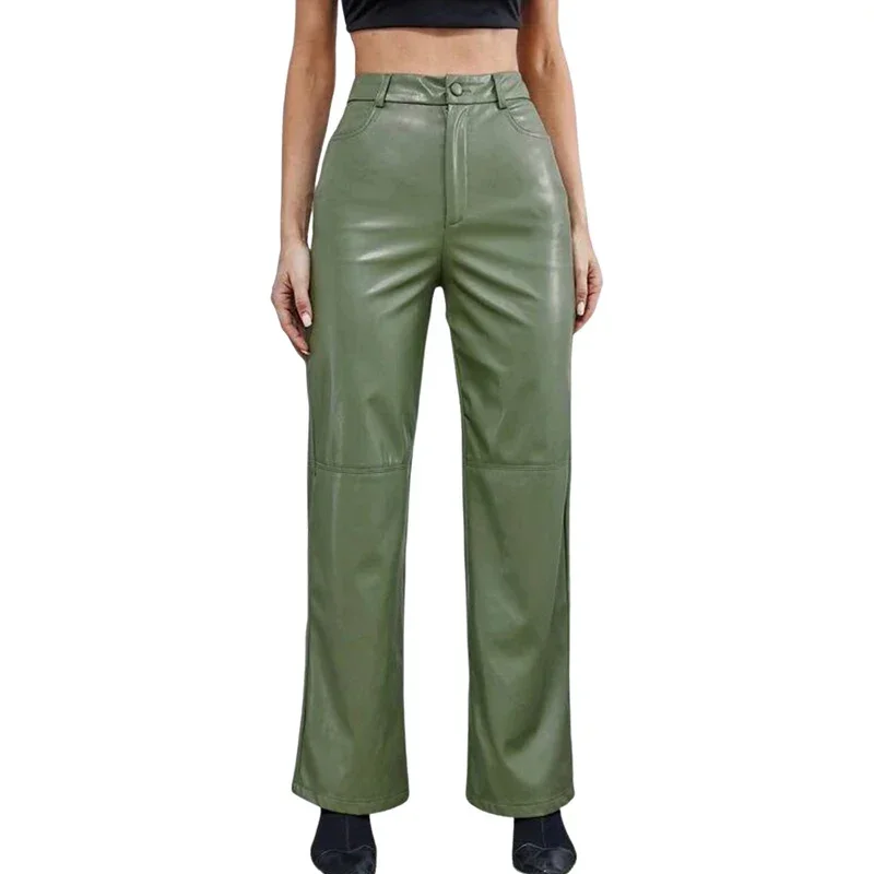 2024 Autumn Women's Fashion PU Casual Trousers High Waist Straight Side Pockets Solid Color Casual Party Fall Leather Long Pants