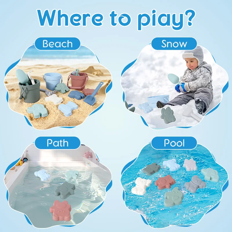 Neues Design, 6 Stück, Silikon, lustiges Sommer-Outdoor-Spielzeug für Kinder mit Eimer, Strandspielzeug, umweltfreundliches, lebensmittelechtes Strandspielzeug für Kinder