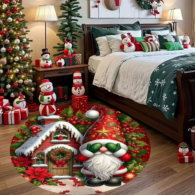 Christmas Gnome Round Rug, Winter Cottage Poinsettia Printed Circular Floor Carpet, Festive Xmas Living Room Decoration