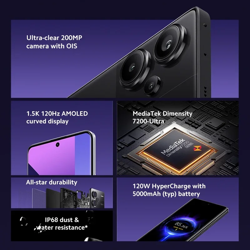 Xiaomi Redmi Note 13 Pro Plus 5G Global Version MediaTek Dimensity 7200-Ultra 200MP OIS Camera 5000mAh 120W NFC IP68 Waterproof