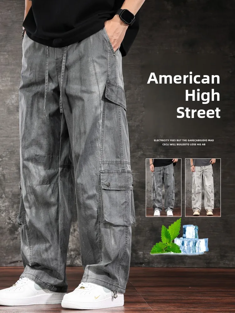 

Летние тонкие американские брюки в стиле ретро, мужские свободные прямые широкие брюки, длинные брюки Quali, повседневные дышащие хлопковые брюки