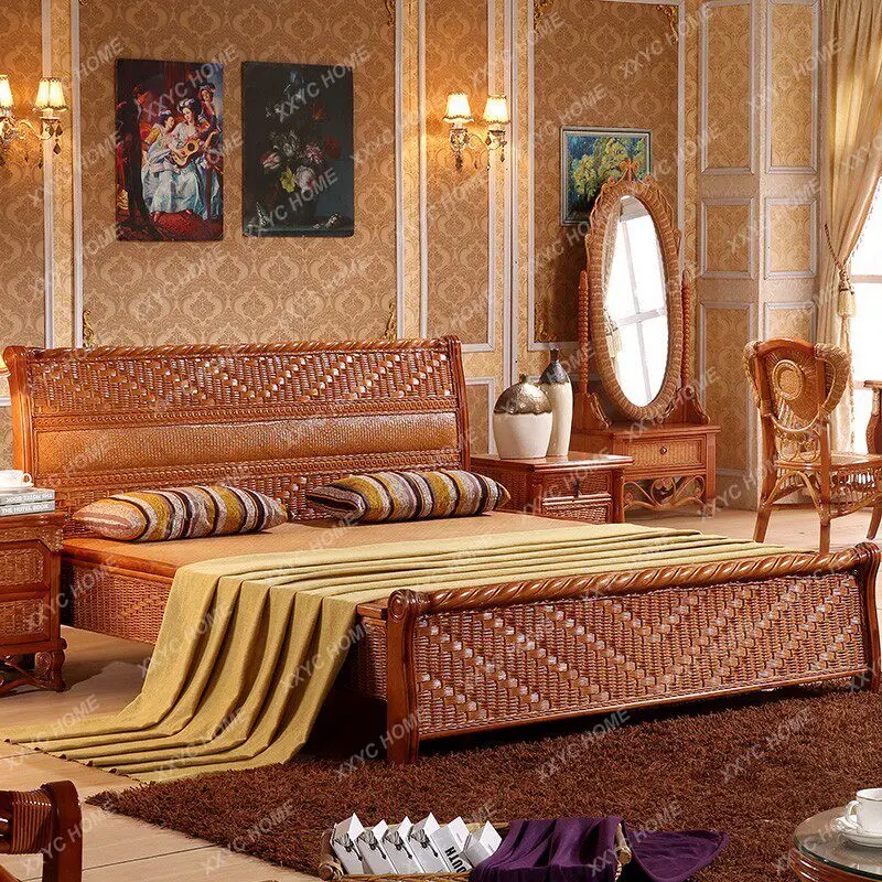 New Chinese double bed environmentally friendly rattan bed 1.8 meters solid wood rattan bed