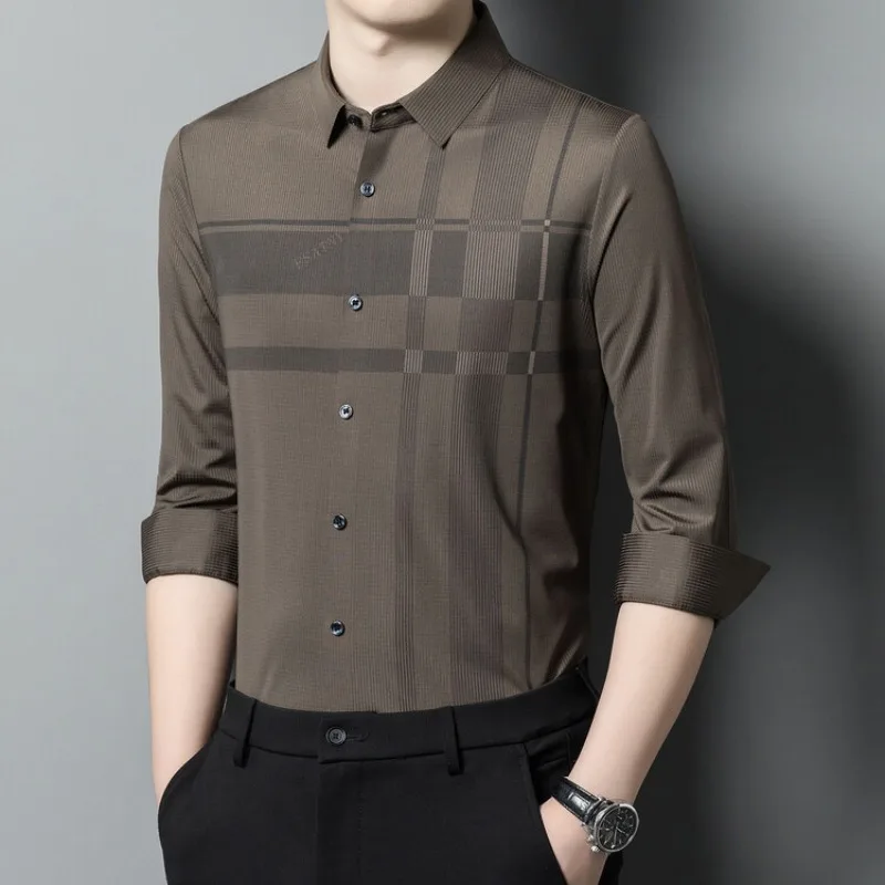 Seamless Plaid Men's Dress Shirts High Quality Long Sleeve High Elasticity Business Casual Classics Male Shirts 4XL