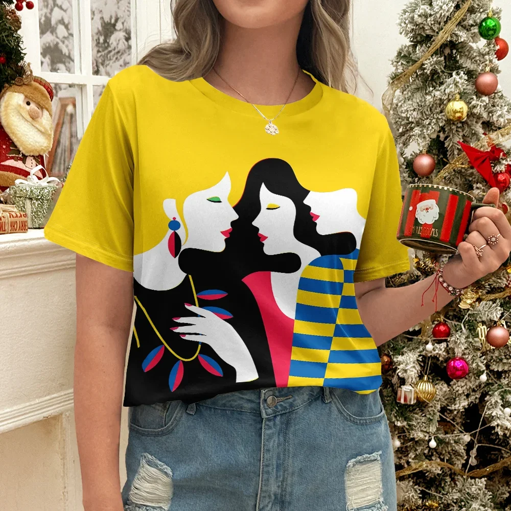 

Women's Yellow T-Shirt With Abstract Faces Design Casual Summer Style Round Neck Short Sleeve Top For Daily Wear Y2K Streetwear