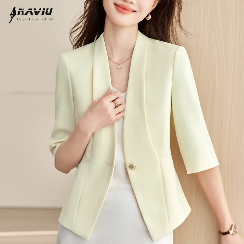 

Женский блейзер NAVIU, повседневный, на одной пуговице, с рукавом до локтя, желтый, приталенный, офисный пиджак, модная новинка, весенне-летняя куртка 2026