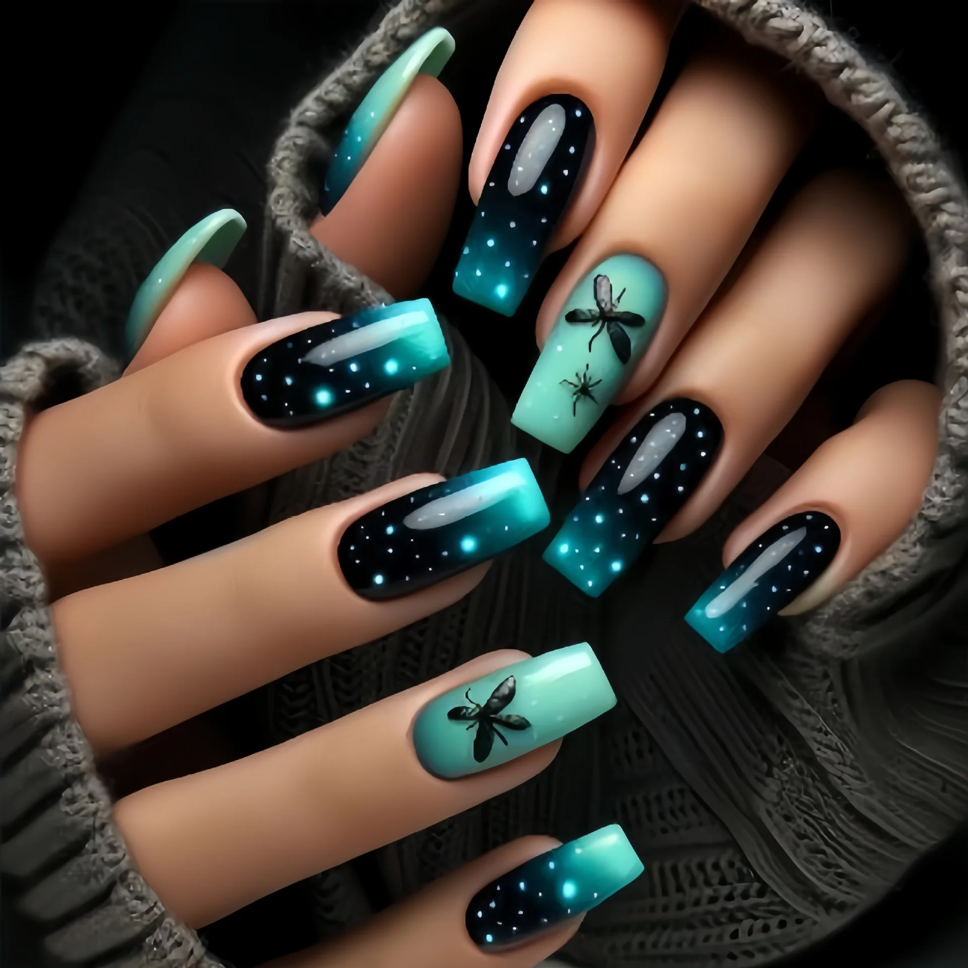 Green Gradient False Nails with Butterfly Pattern Fake Nails Wearable Press on Nails Long Square Nail Tips Unique Full Over Nail