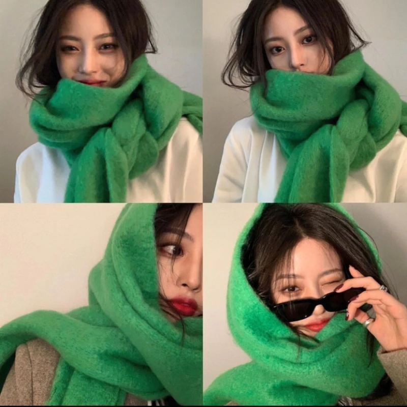 New Mohair Solid Color Scarf for Women in Winter Warm Scarf Thick Yarn Knit Coarse Tassel Shawl for Outer Wear