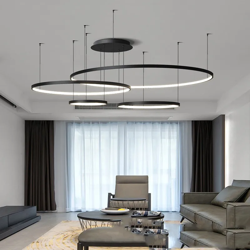 Modern Annular LED Pendant Lights for Living Dining Room Food Tables  Kitchen Hall Black Chandelier Home Decor Light Fixture