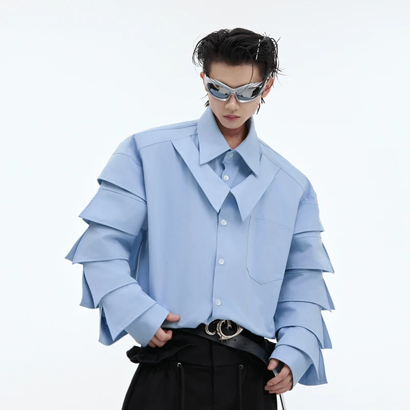 FEWQ Niche Shoulder Pad Fake Twopiece Shirt Pleated Design Silhouette Solid Color Turn-down Collar Male Tops Streetwear 24E2112