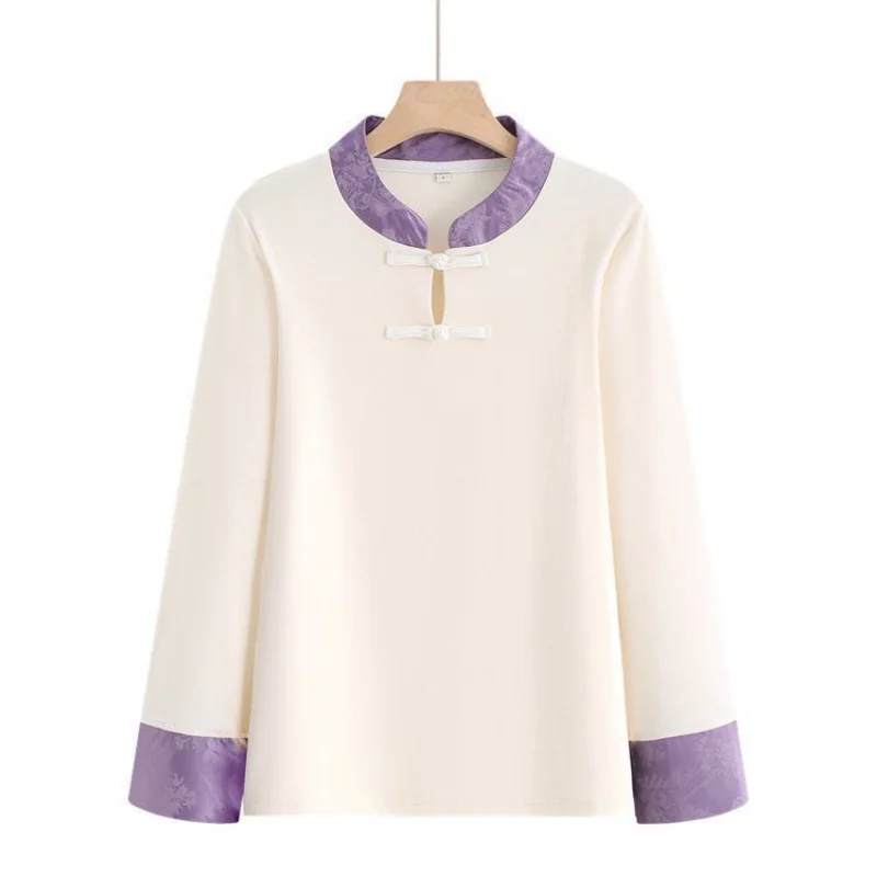 New Style Disc Buttoned Right Shoulder Long Sleeve T-shirt Women's Large Size Slim Jacquard Fashion Top