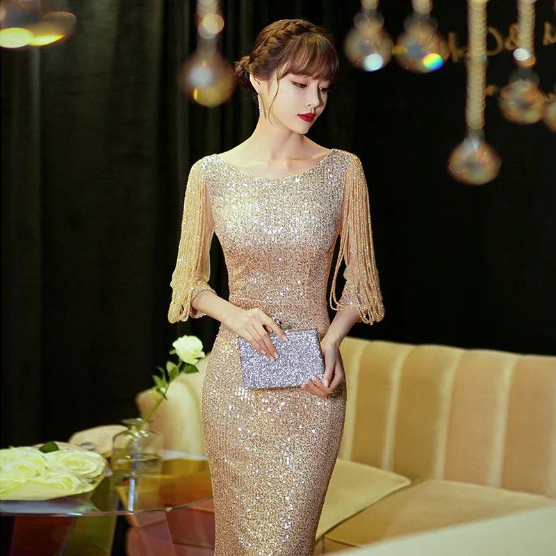 

Sequin Youth Graduation Evening Women's Banquet Temperament Sexy Fishtail Long Champagne Banquet Performance Chic Sequined Gowns