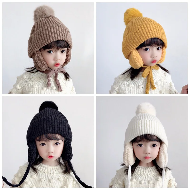 1 2 3 4 Years Old Boys Girls Children Beanie Knitted Warm Caps Winter Snow Bonnets with Ear-flap Kids Cartoon Hats